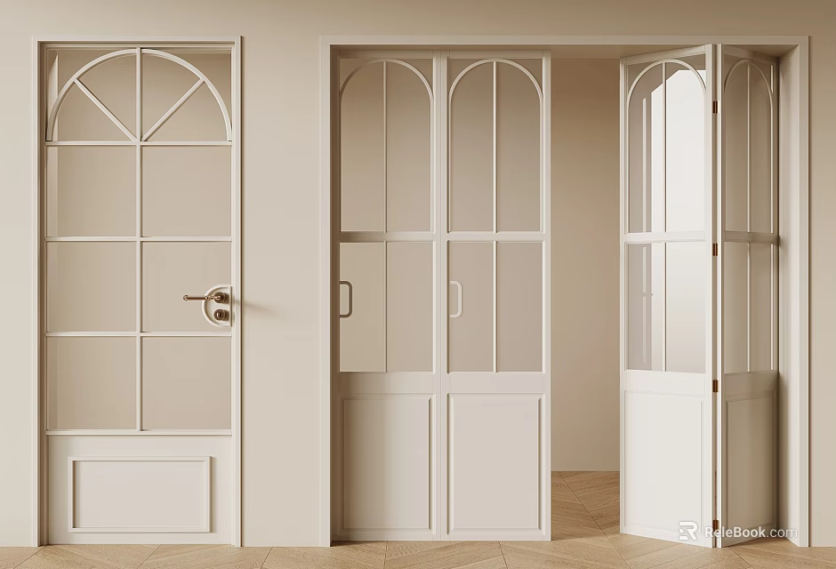 Elegant White Interior Doors With Arch Top Glass Panes And Classic Design 3d model 