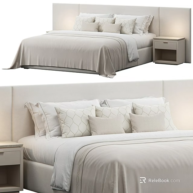 Minimalist Double Bed Design With Soft Bedding Plush Pillows And Wooden Nightstand 3d model 