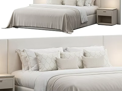 Minimalist Double Bed Design With Soft Bedding Plush Pillows And Wooden Nightstand 3d model