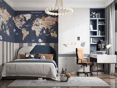 Cozy Kids Room Interior With World Map Wall Blue Bed White Chandelier And Bookshelf 3d model