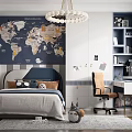 Cozy Kids Room Interior With World Map Wall Blue Bed White Chandelier And Bookshelf