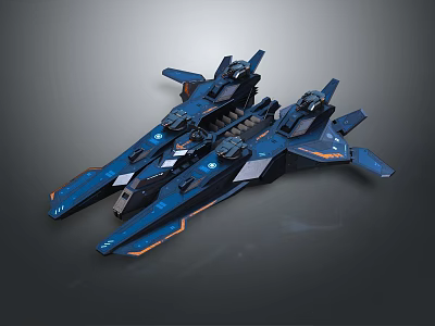 Two Blue Futuristic Spaceships Featuring Sleek Design And Orange Accent Details 3d model