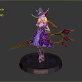 Game Movie Character Witch With Purple Dress Blonde Hair And Red Spiked Staff On Base