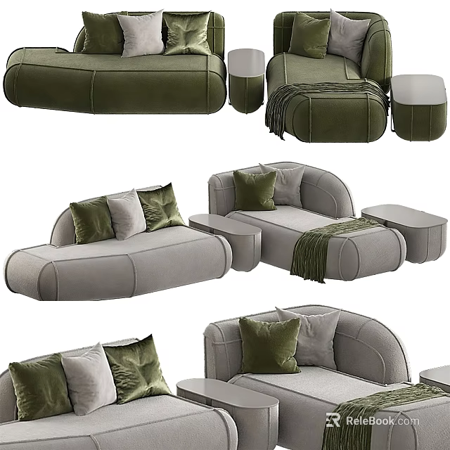 Modern Velvet Sofa Set In Olive Green And Light Gray With Pillows And Throw Blanket 3d model 