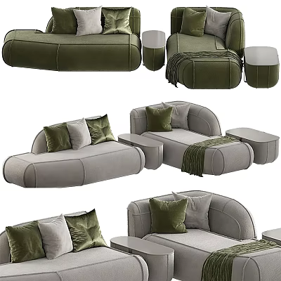 Modern Velvet Sofa Set In Olive Green And Light Gray With Pillows And Throw Blanket 3d model