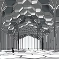 Geometric Roof Glass Wall Structure With Supporting Columns And Long Corridor Design