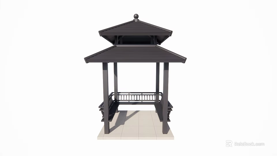 Traditional Landscape Pavilion With Black Roof Multi Layered Structure And Stone Platform 3d model 
