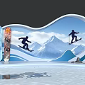 Snowboard Themed Photo Check-in Spot With Snowboarders Mountain Clouds And Wave Design