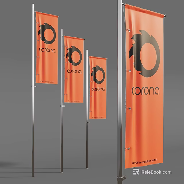 Ground With Orange Corona Brand Flags Featuring Circular Logo Design 3d model 