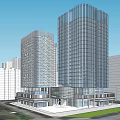 Modern Twin Office Buildings With Glass Curtain Walls Base Podium And Urban Setting