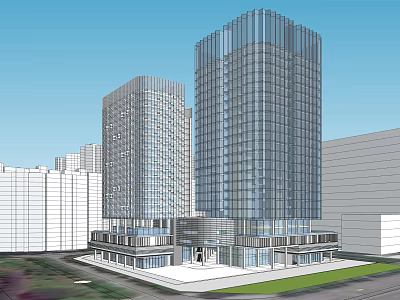 Modern Twin Office Buildings With Glass Curtain Walls Base Podium And Urban Setting 3d model