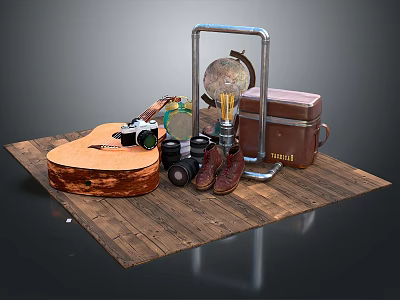 Daily Life Items Including Guitar Camera Suitcase And Boots On Wooden Floor 3d model