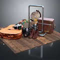 Daily Life Items Including Guitar Camera Suitcase And Boots On Wooden Floor