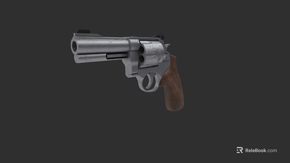 Classic Revolver With Silver Metal Body And Wooden Grip On Dark Background 3d model 