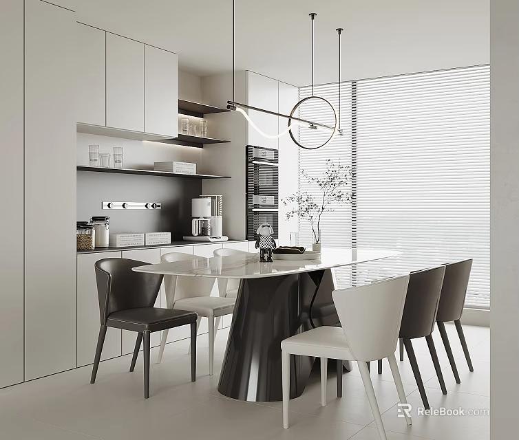 Modern Restaurant Interior With Round Dining Table White Cabinets Pendant Lights And Window Blinds 3d model 