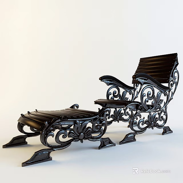 Black Wrought Iron Leisure Chair With Ornate Scrollwork And Matching Footstool 3d model 