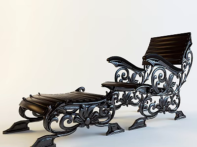 Black Wrought Iron Leisure Chair With Ornate Scrollwork And Matching Footstool 3d model