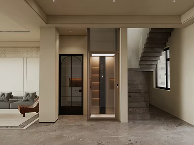 Modern Indoor Interior Design With Living Room Sofa Stairs And Elevator 3d model