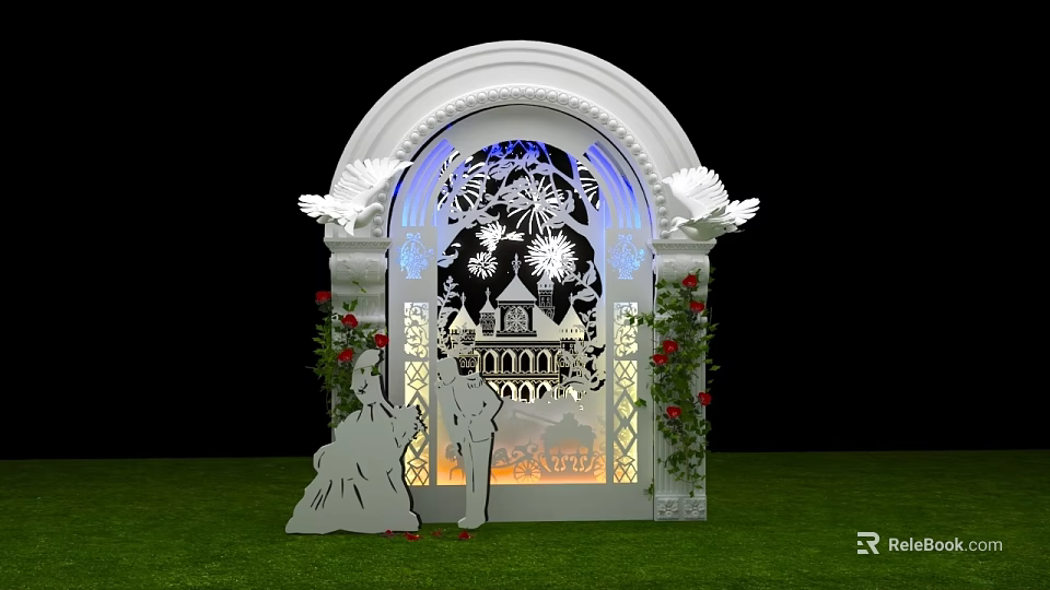 White Arched Event Entrance With Intricate Cut Out Patterns Castle Design And Wing Decorations 3d model 