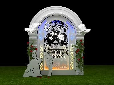 White Arched Event Entrance With Intricate Cut Out Patterns Castle Design And Wing Decorations 3d model