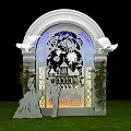 White Arched Event Entrance With Intricate Cut Out Patterns Castle Design And Wing Decorations