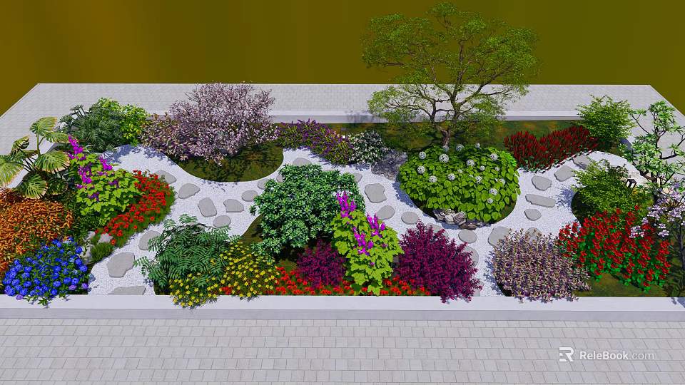 Garden Ornament Design With Stone Paths Colorful Flowers Shrubs And Trees 3d model 
