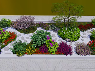 Garden Ornament Design With Stone Paths Colorful Flowers Shrubs And Trees 3d model