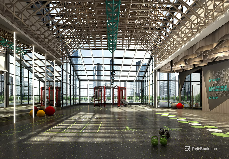 Spacious Fitness Gym With Large Floor To Ceiling Windows Sunlight Industrial Ceiling Dumbbells Exercise Balls 3d model 