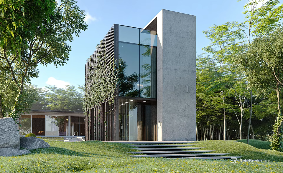 Modern Single Family House With Glass Walls Concrete Structure And Greenery Surroundings 3d model 