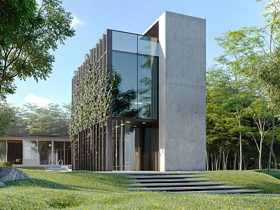 Modern Single Family House With Glass Walls Concrete Structure And Greenery Surroundings 3d model