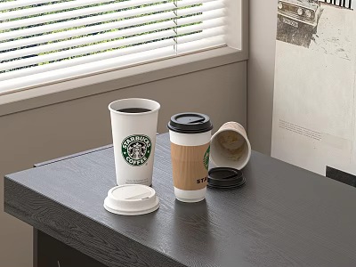Starbucks Beverage Cups Placed On Dark Table With Lids And Tipped Cup 3d model
