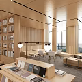Modern Book Art Space with Wooden Bookshelves Books Natural Light Windows Benches and Plant