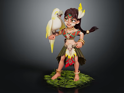 Tribal Girl With Brown Hair And Yellow Feather Headdress Holding White Parrot On Green Grass 3d model