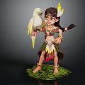 Tribal Girl With Brown Hair And Yellow Feather Headdress Holding White Parrot On Green Grass