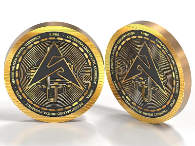 Golden Cryptocurrency Coins With DEFI Logo And Intricate Design Details 3d model