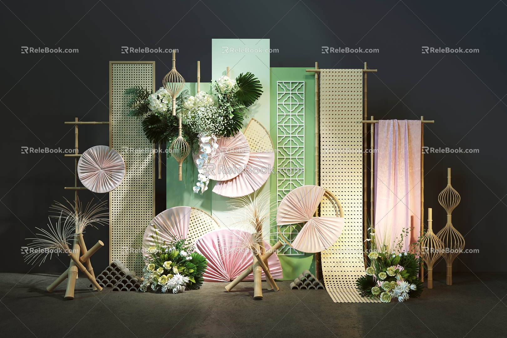 Wedding photo US Chen Yingbin area new Chinese style homing banquet bamboo weaving handover table pink green floral art niche wedding window Chinese style Nanyang style 3d model