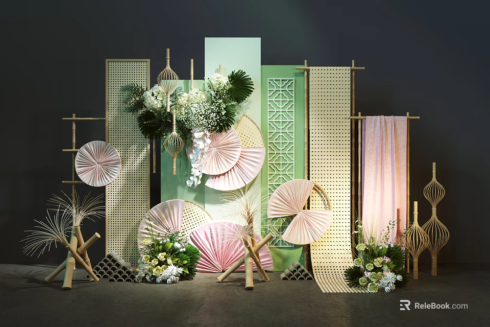 Elegant Modern Chinese Floral Display With Paper Fans Bamboo Screens Greenery And White Flowers 3d model 