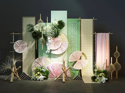 Elegant Modern Chinese Floral Display With Paper Fans Bamboo Screens Greenery And White Flowers 3d model