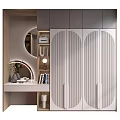 Modern Entryway Interior Design With White Vertical Slat Cabinets Round Mirror And Console Table 3d model