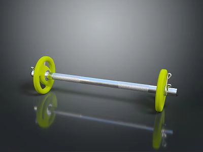 Yellow Barbell With Green Weight Plates And Silver Bar On Black Smooth Surface With Reflection 3d model