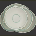Stacked White Ceramic Plates With Light Blue Rim On Dark Background
