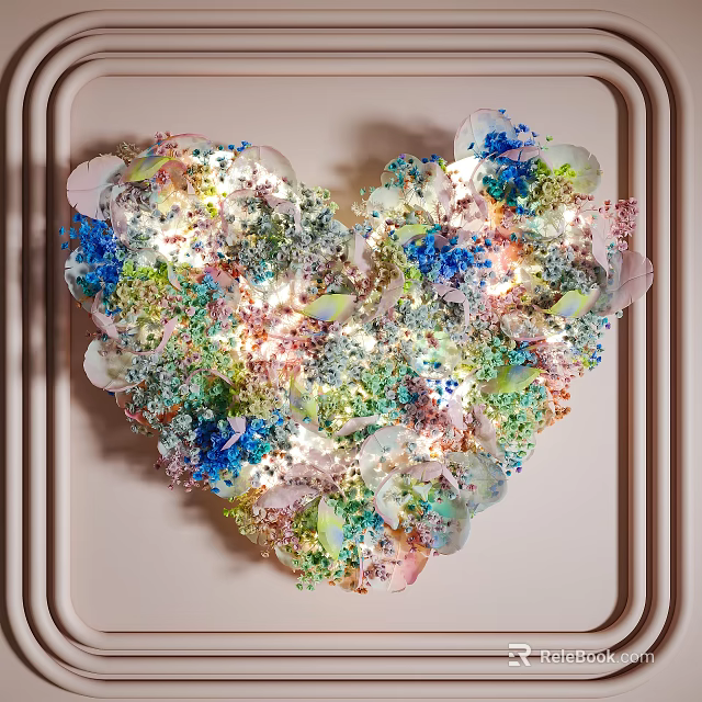 Vibrant Heart Shaped Art Installation with Floral Petals and Sparkling Details on Wall 3d model 