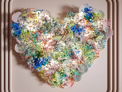 Vibrant Heart Shaped Art Installation with Floral Petals and Sparkling Details on Wall 3d model