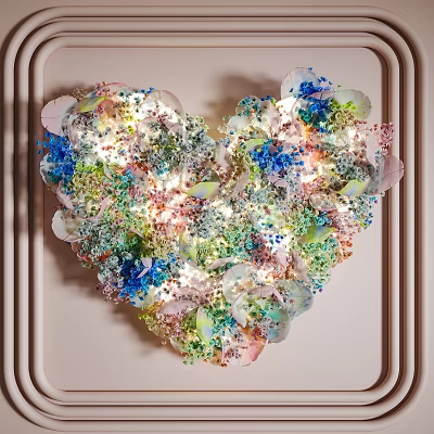Vibrant Heart Shaped Art Installation with Floral Petals and Sparkling Details on Wall 3d model