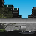 Modern Commercial Complex With Glass Curtain Walls Multi Storey Entrance Canopy Greenery and Landscape Lighting