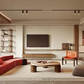 Modern Living Room Interior Design With Red Sofa Wooden Coffee Table Orange Chair And TV
