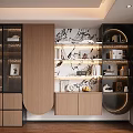 Modern Decorative Cabinet With Wooden Shelves LED Lights Decorative Items And Wall Art
