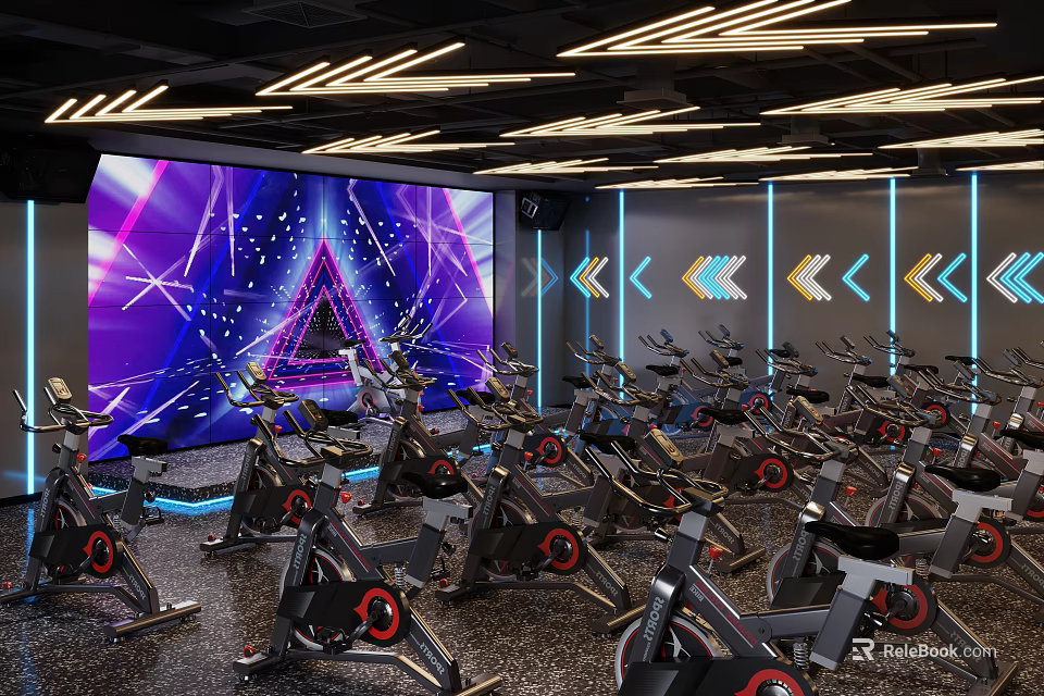 Dynamic Fitness Studio With Spin Bikes Large Screen Colorful Lighting And Arrow Signs 3d model 