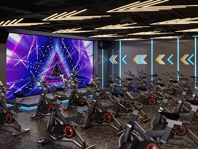 Dynamic Fitness Studio With Spin Bikes Large Screen Colorful Lighting And Arrow Signs 3d model