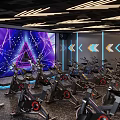 Dynamic Fitness Studio With Spin Bikes Large Screen Colorful Lighting And Arrow Signs